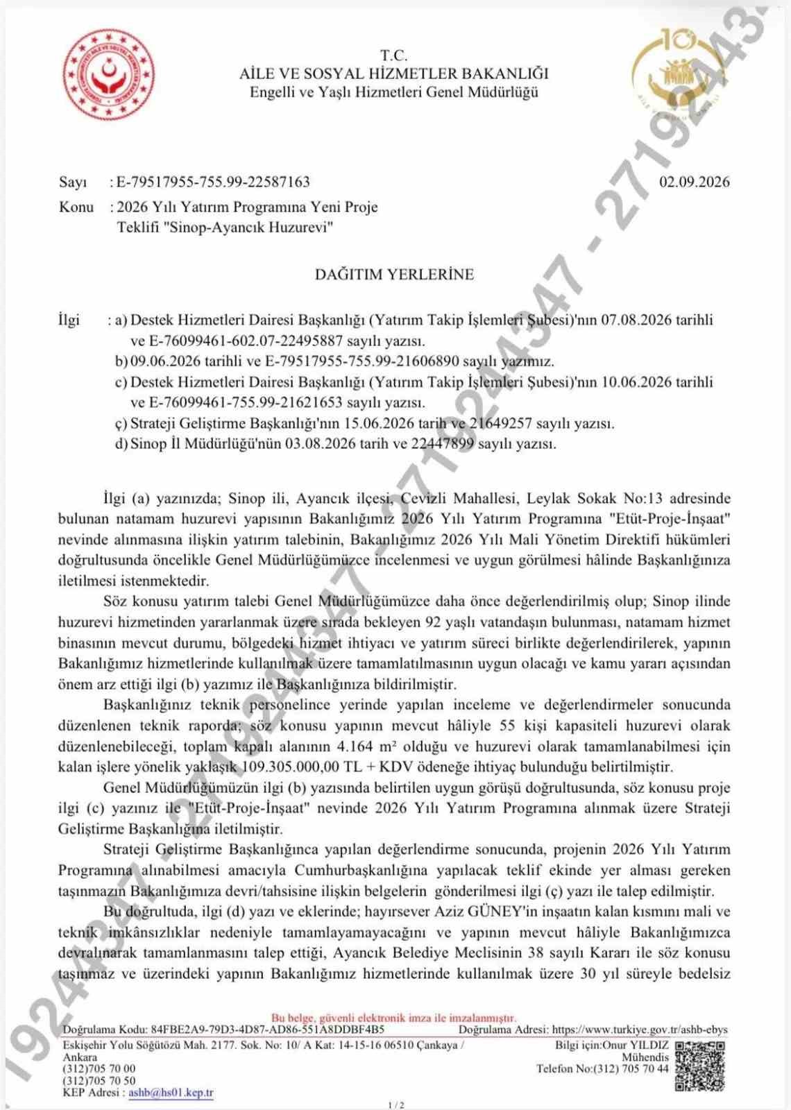 Ayancık’ta yarım kalan huzurevi inşaatı bakanlığa devredildi
