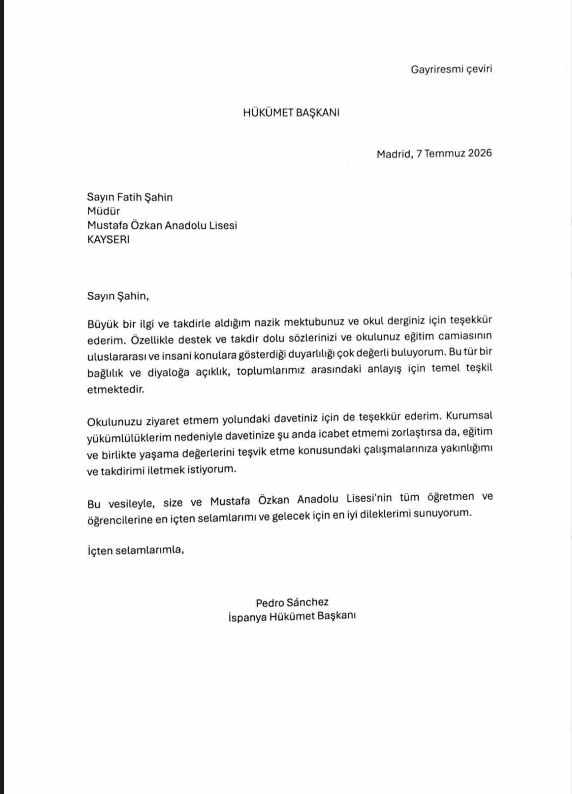 İspanya Başbakanı S&aacute;nchez&rsquo;ten Kayseri&rsquo;deki liseye mektup