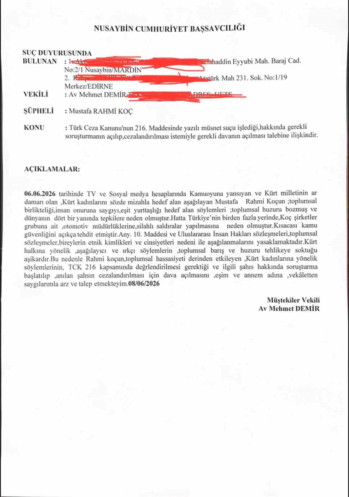 Rahmi Ko&ccedil; hakkında Nusaybin Cumhuriyet Başsavcılığına su&ccedil; duyurusu