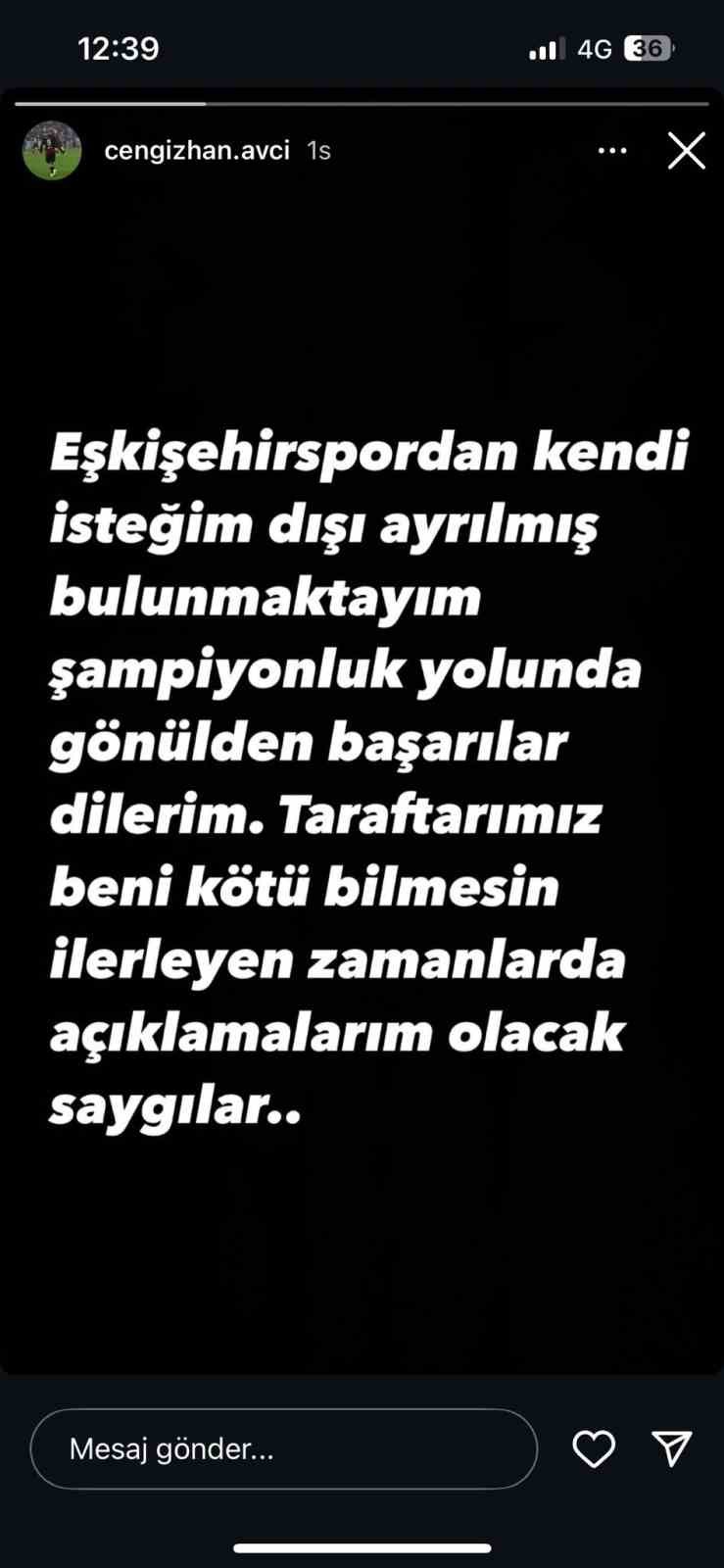 Avcı, Eskişehirspor&rsquo;dan isteği dışında ayrıldığını paylaşımını yaptı
