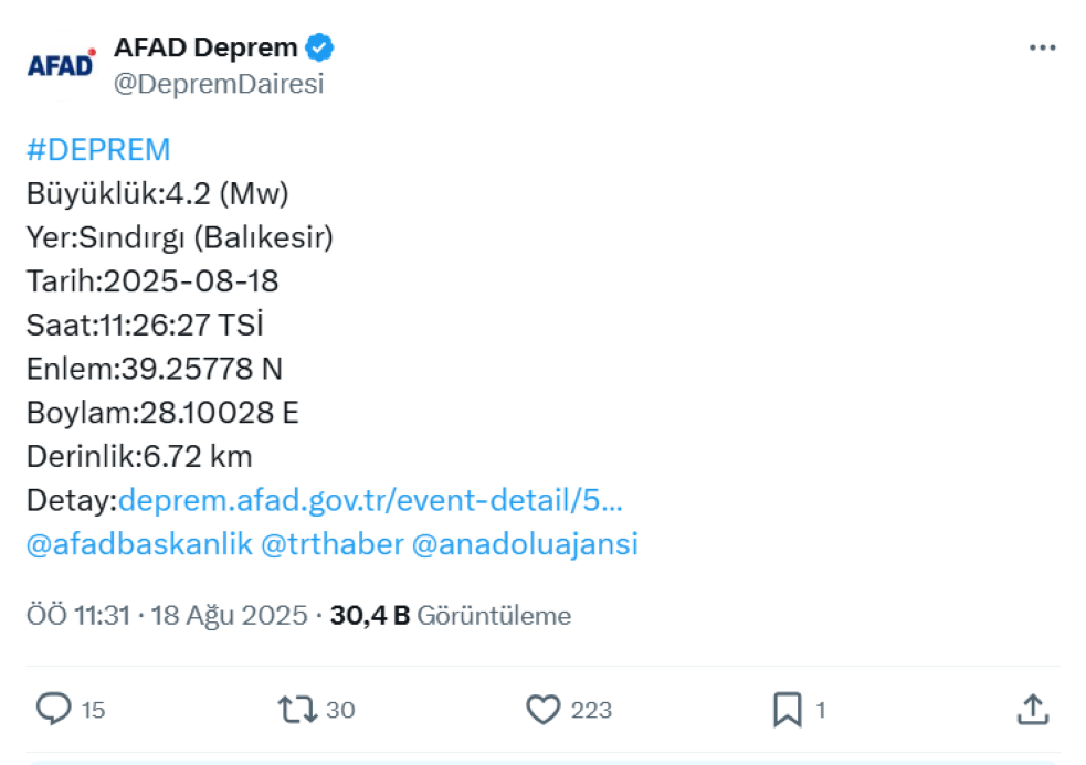 Sındırgı’da 4.2 büyüklüğünde deprem