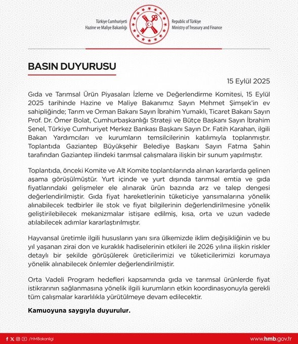 Gıda ve Tarımsal &Uuml;r&uuml;n Piyasaları İzleme ve Değerlendirme Komitesi toplandı
