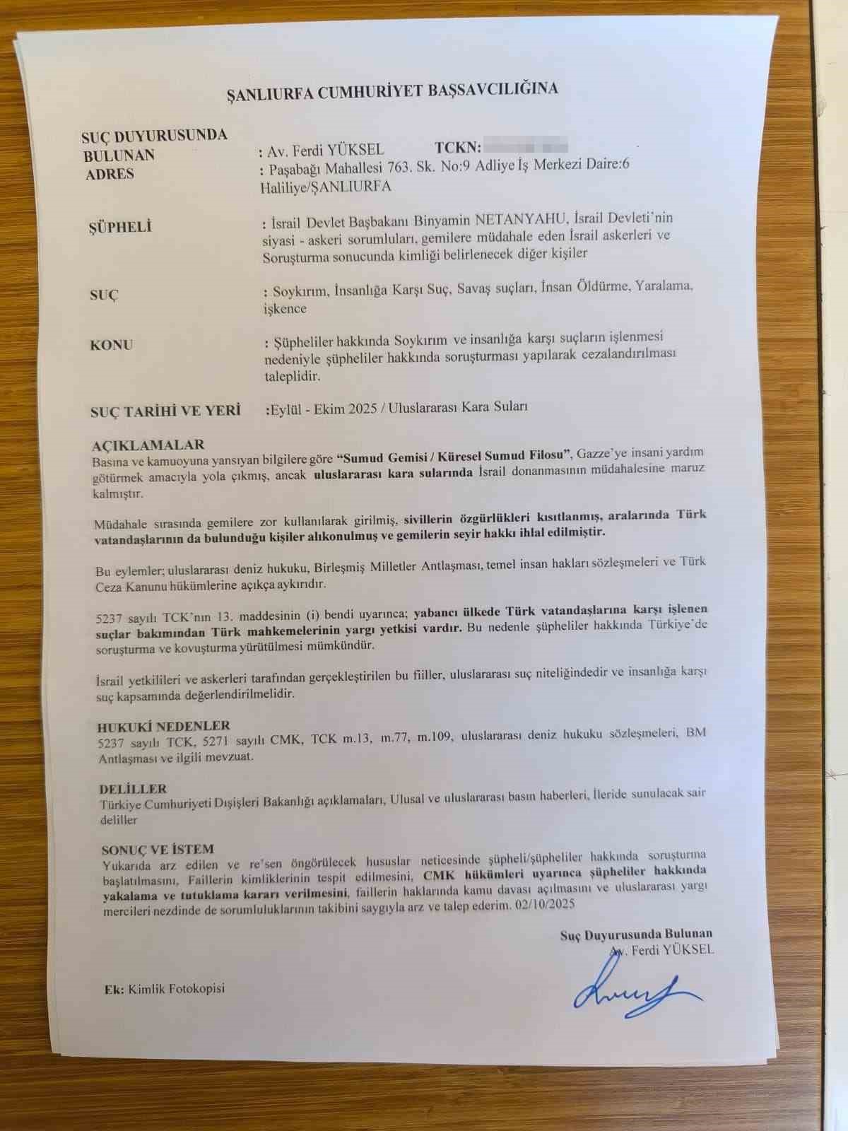 Şanlıurfa’da İsrail askeri ve Netanyahu hakkında suç duyurusu