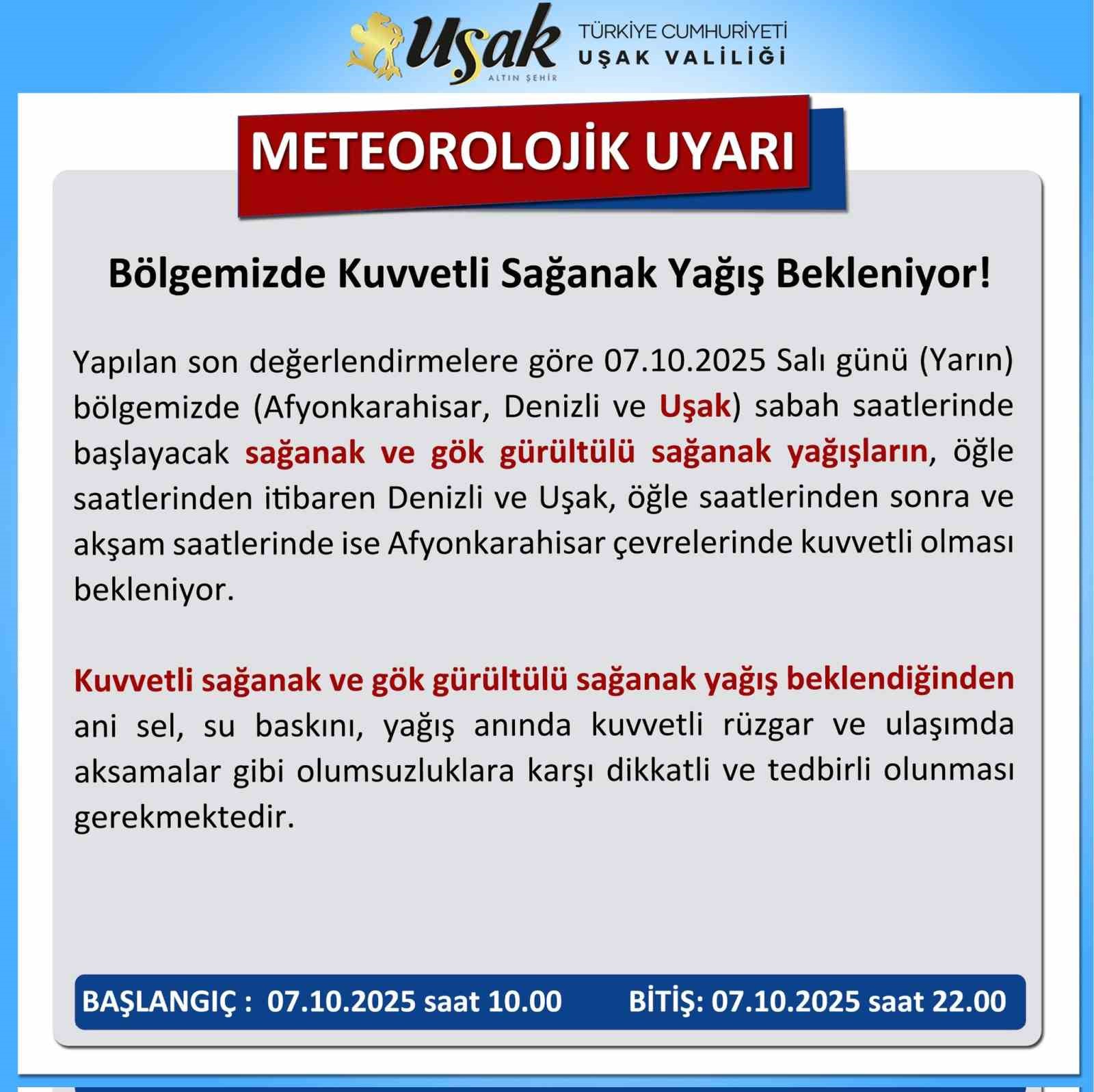 Uşak için kuvvetli sağanak yağış uyarısı