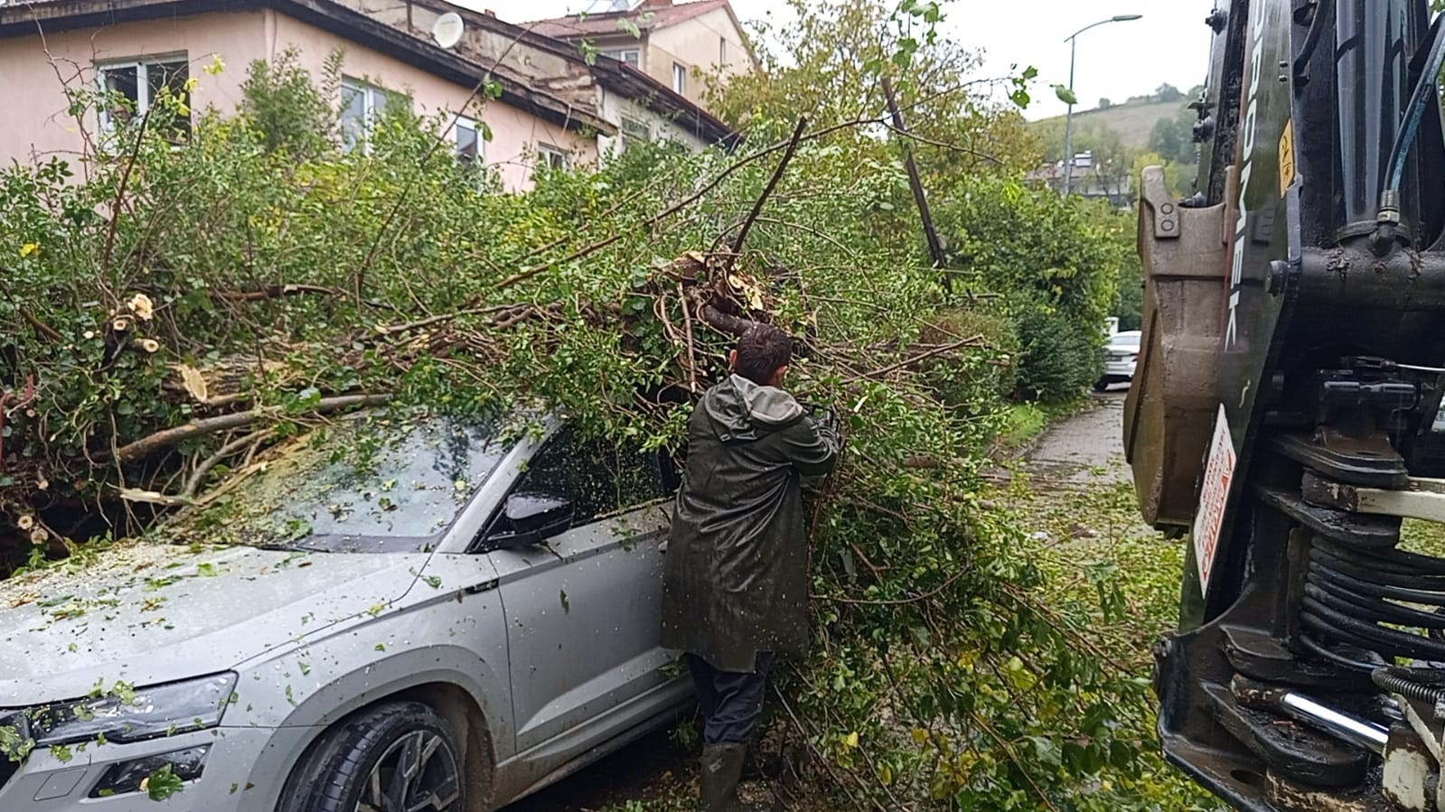 Çaycuma’da park halindeki otomobilin üzerine ağaç devrildi