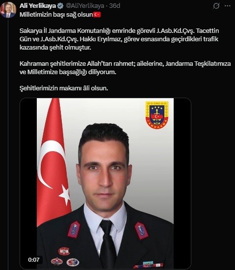 Bakan Yerlikaya’dan şehit jandarmalar için taziye mesajı
