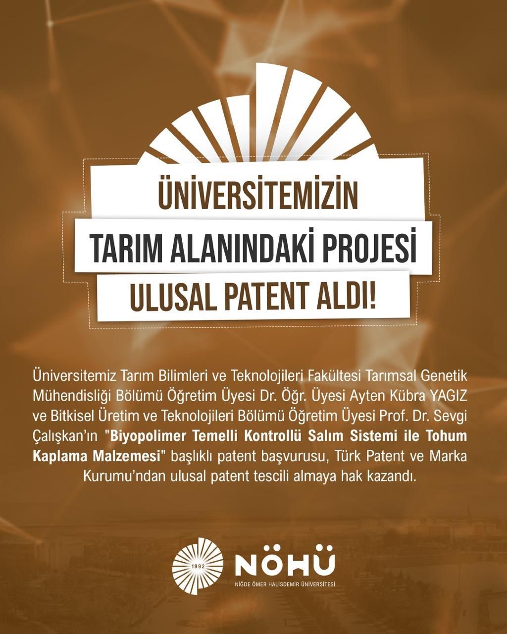 Niğde Ömer Halisdemir Üniversitesi’nden tarıma katkı sağlayacak patent başarısı
