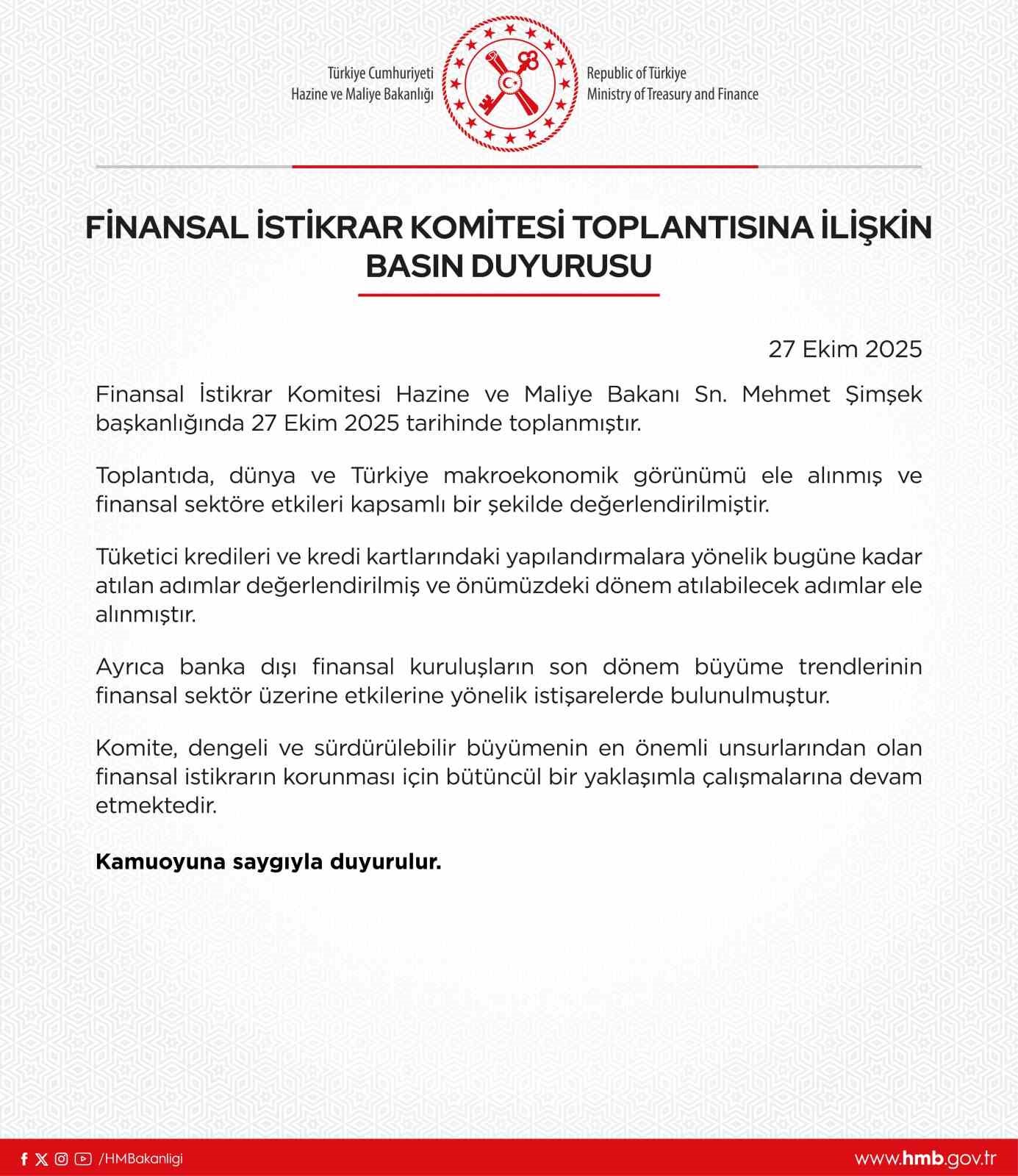 Finansal İstikrar Komitesi, Bakan Şimşek önderliğinde toplandı
