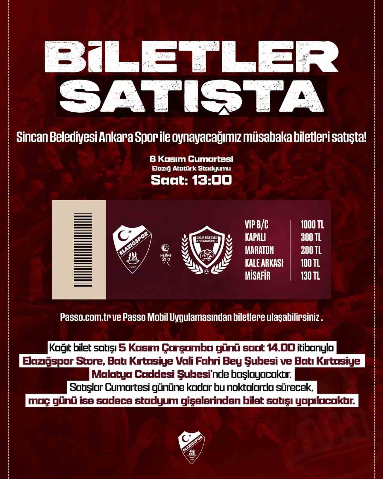 Elazığspor-Ankaraspor maçı biletleri satışta
