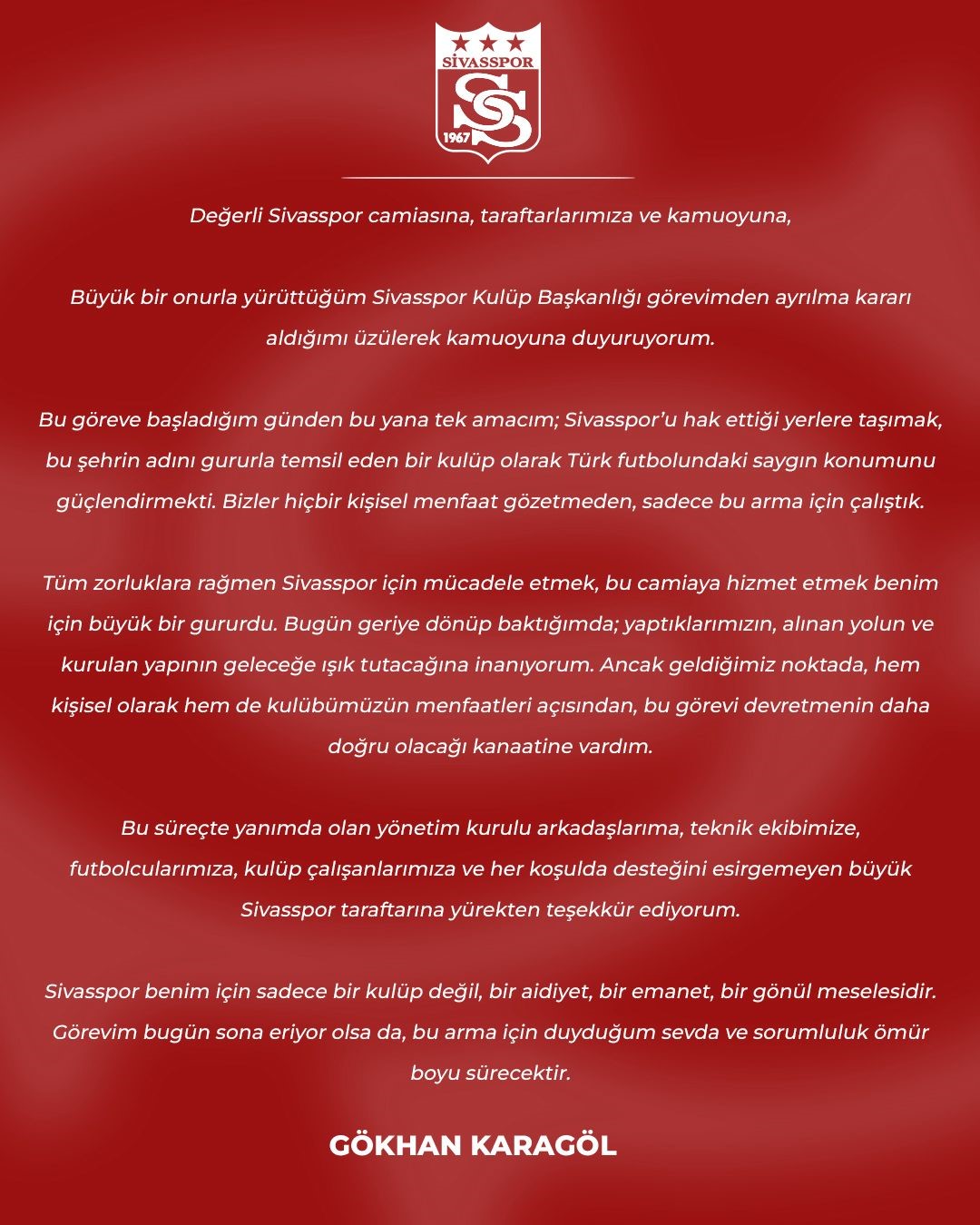 Sivasspor Başkanı Gökhan Karagöl istifa etti
