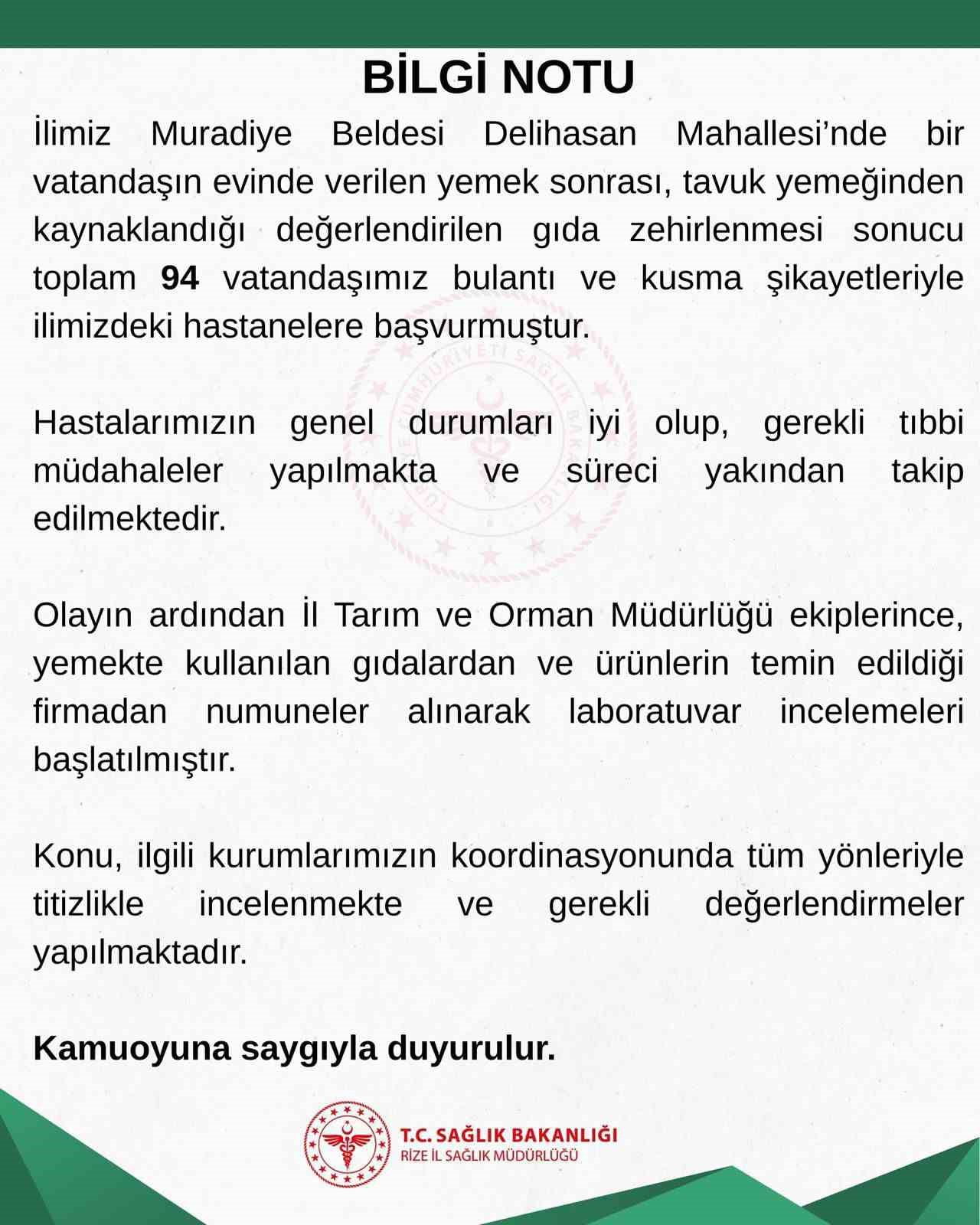 Rize&rsquo;de 94 kişi mevlitte dağıtılan tavuktan zehirlendi
