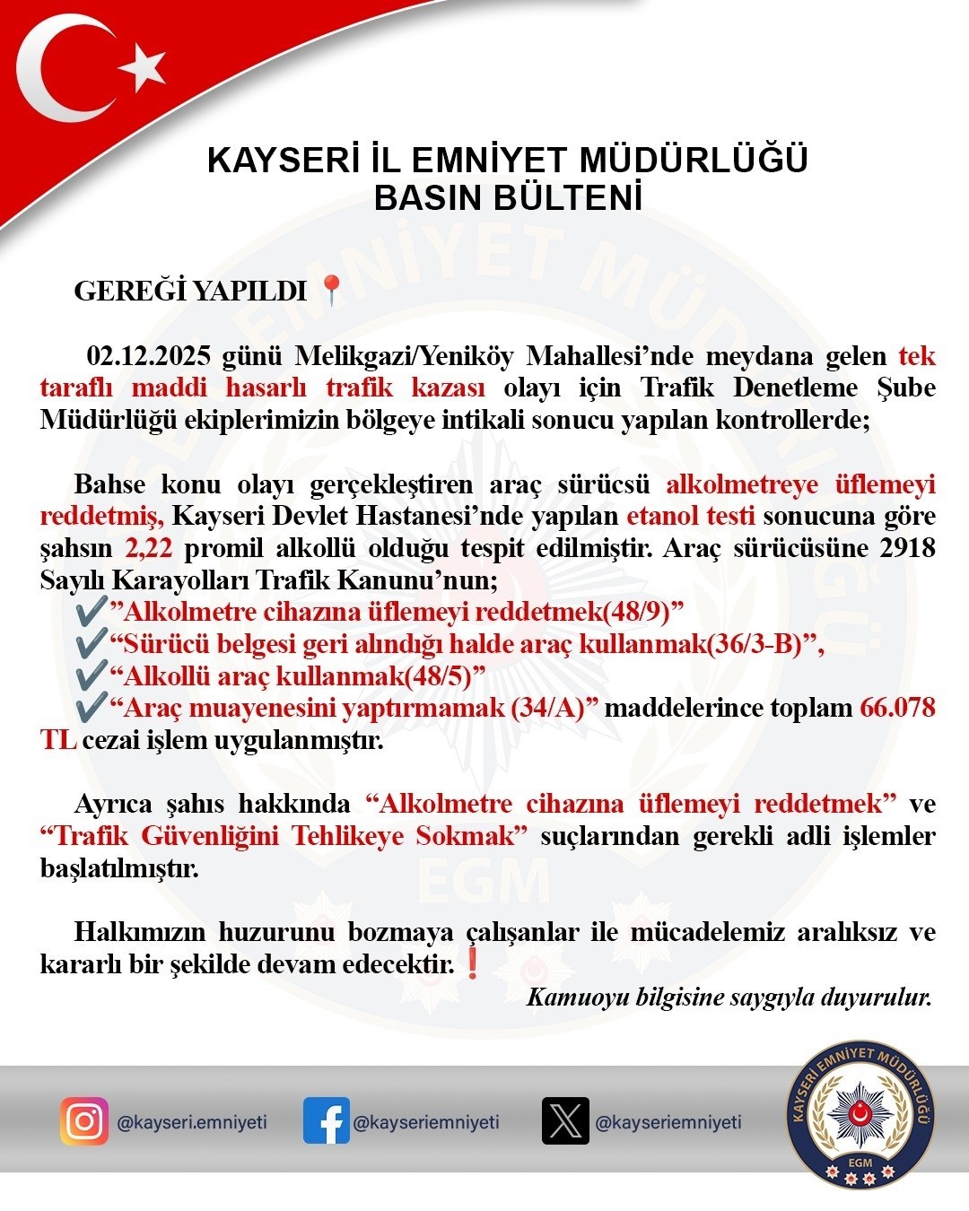 Polisi tehdit eden şahsa 66 bin TL ceza
