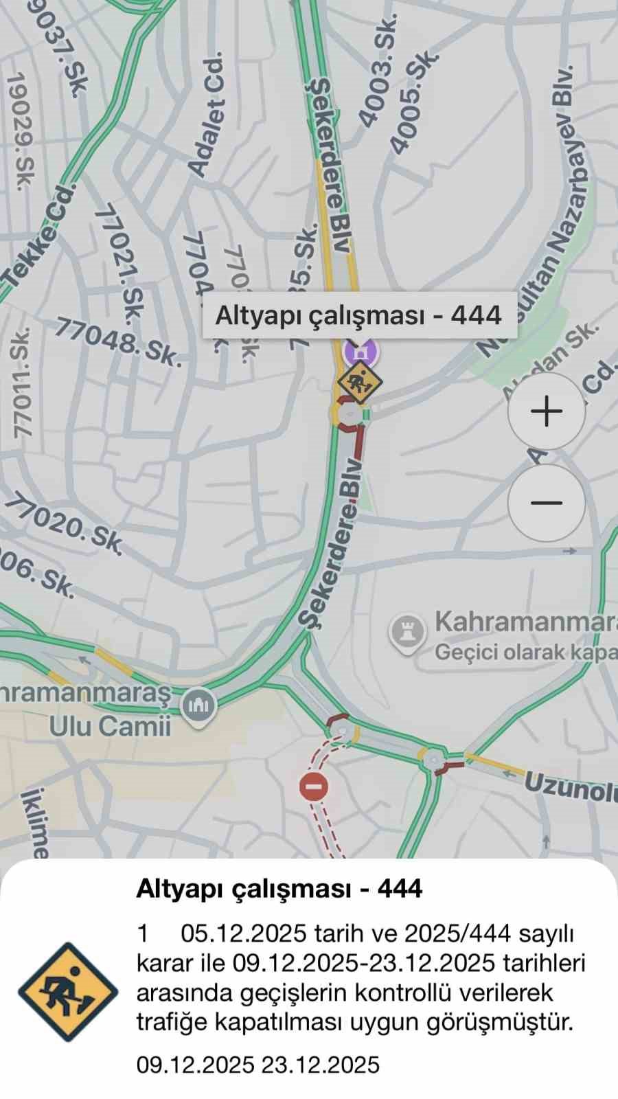 Kahramanmaraş&rsquo;ta &ccedil;alışma yapılan yollar  "KMBB Cep Trafik" mobil uygulamasında
