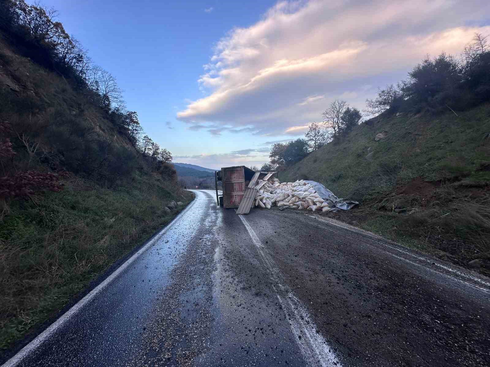 G&ouml;nen-Denizkent yolunda kamyon devrildi
