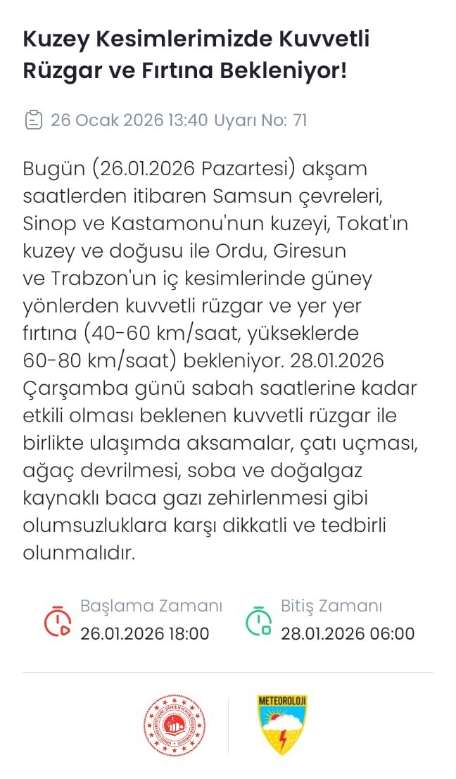 Kuzeyde fırtına alarmı: R&uuml;zgar hızı 80 kilometreye ulaşacak
