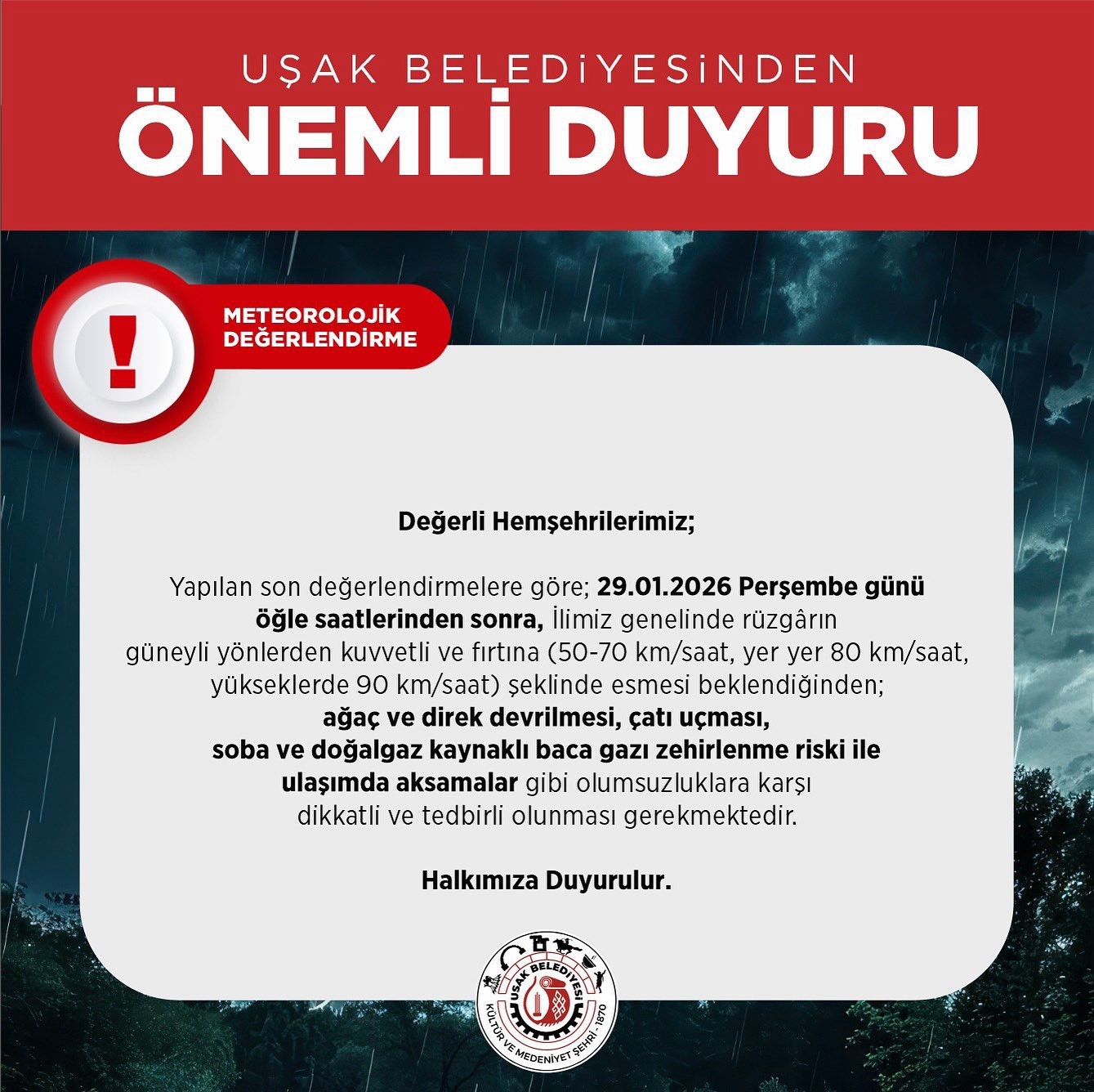 Uşak&rsquo;ta kuvvetli r&uuml;zgar ve fırtına uyarısı
