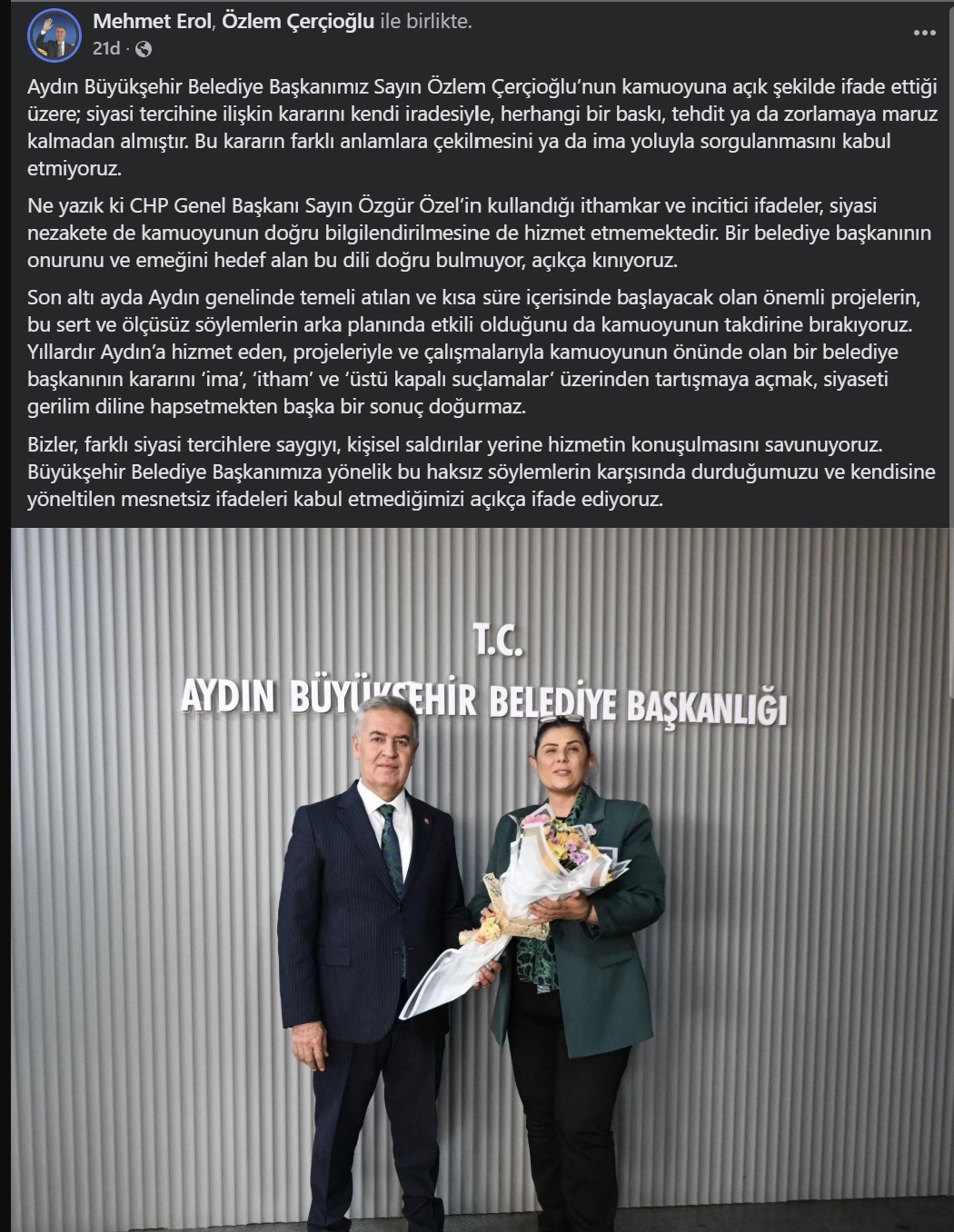 Başkan Erol’dan Çerçioğlu’na destek