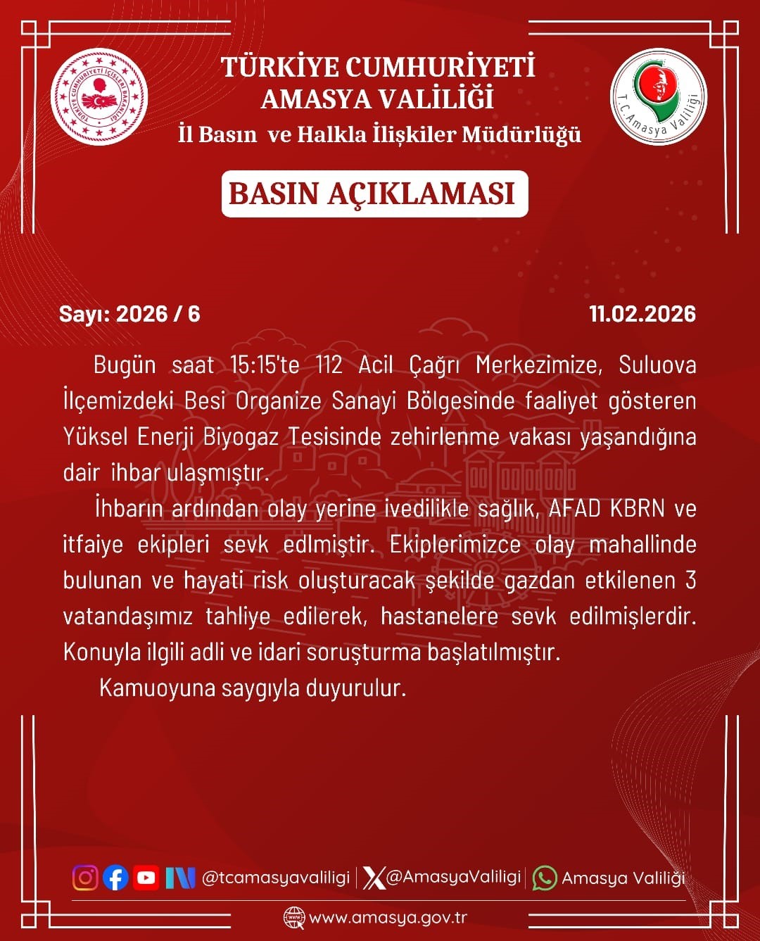 Amasya&rsquo;da biyogaz tesisinde 3 iş&ccedil;i zehirlendi
