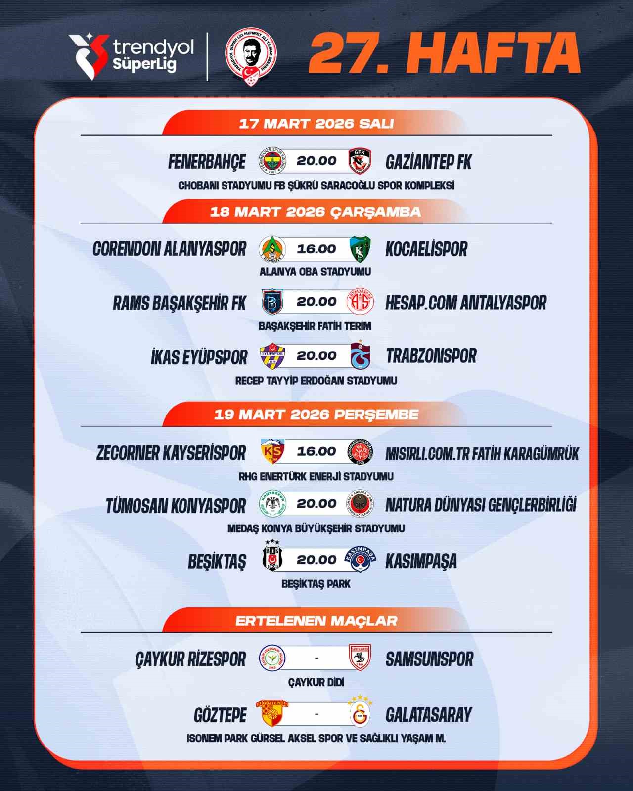 Trendyol S&uuml;per Lig&rsquo;de 26-27. hafta programları a&ccedil;ıklandı
