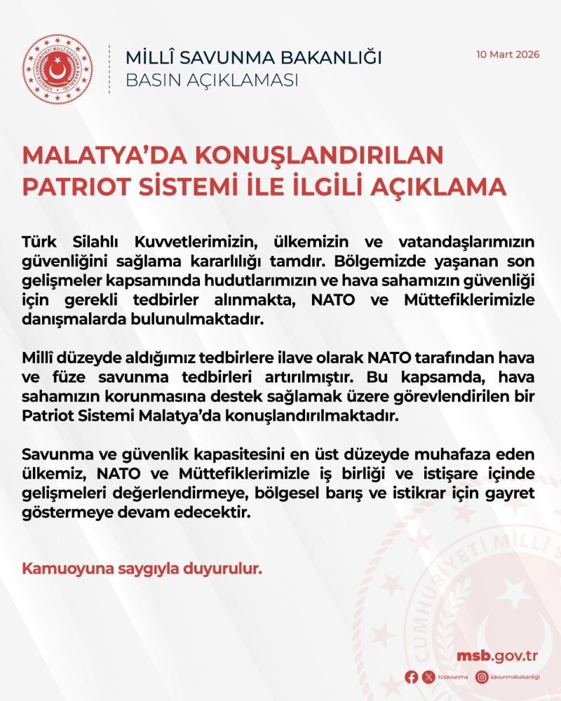 MSB: Malatya&rsquo;ya patriot hava savunma sistemi konuşlandırılıyor