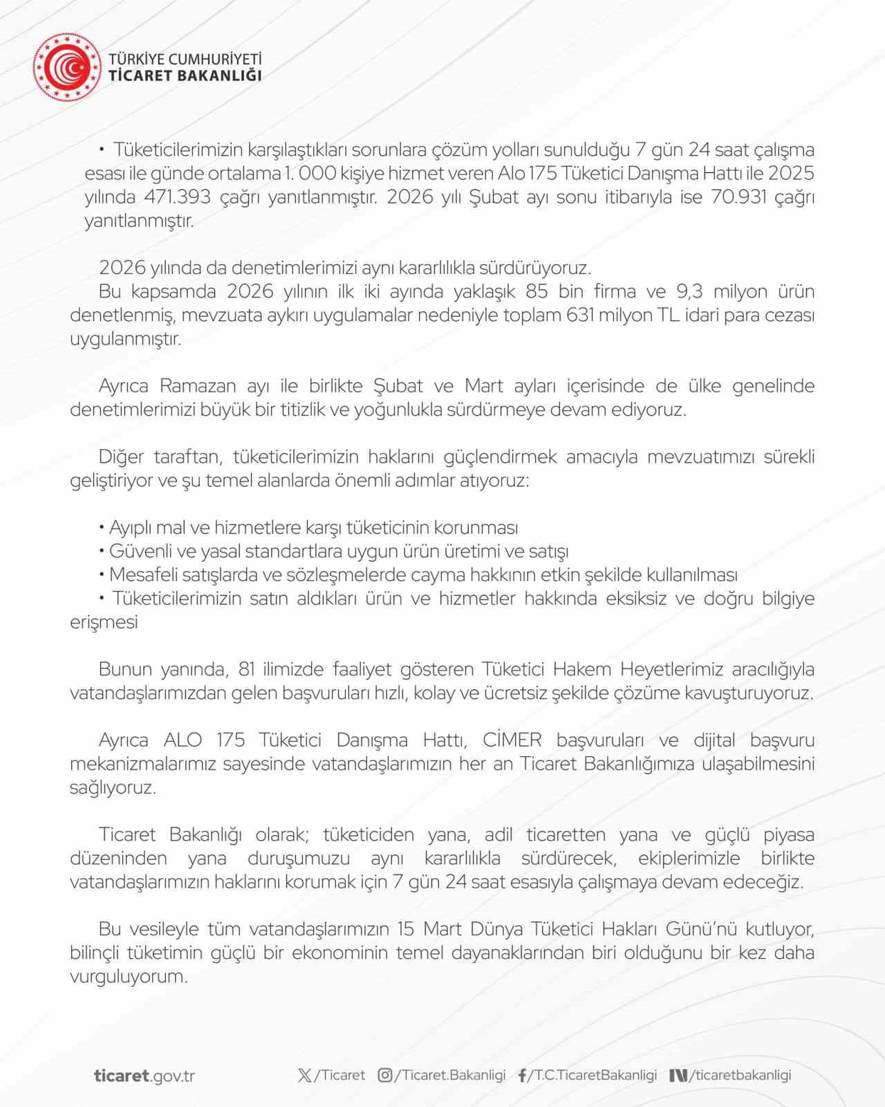 Bakan Bolat&rsquo;tan D&uuml;nya T&uuml;ketici Hakları G&uuml;n&uuml; mesajı
