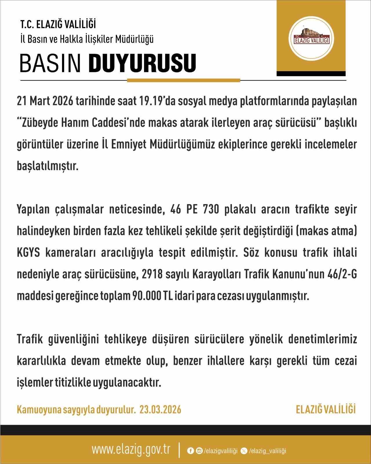 Elazığ’da tehlikeli sürüşe 90 bin TL ceza