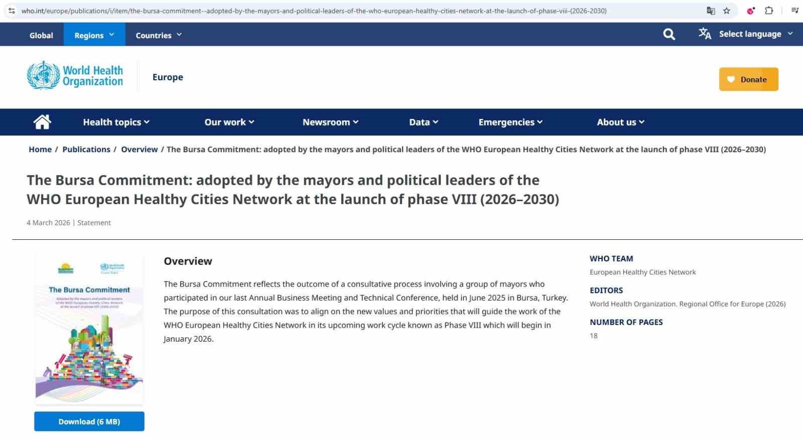 D&uuml;nya Sağlık &Ouml;rg&uuml;t&uuml; &lsquo;Bursa Taahh&uuml;d&uuml;&rsquo;n&uuml; yayınladı
