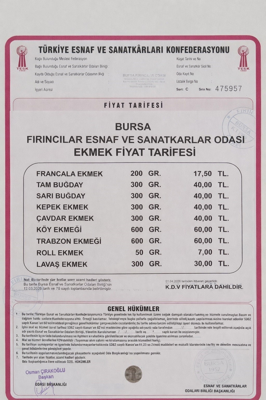Bursa’da ekmek zamlandı