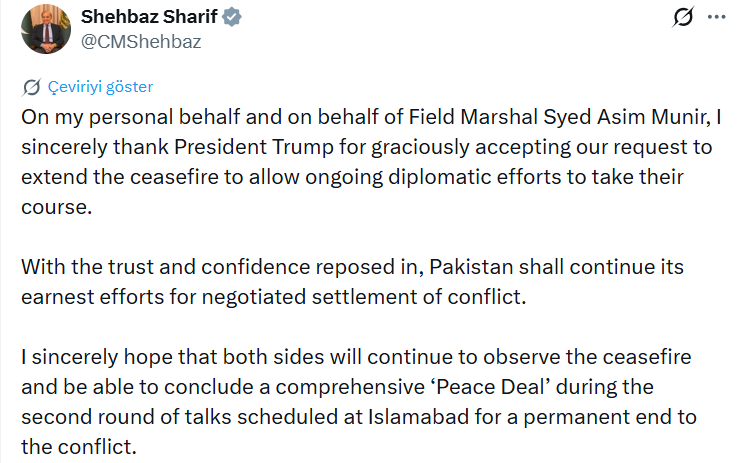 Pakistan Başbakanı Şerif&rsquo;ten ABD Başkanı Trump&rsquo;a ateşkes teşekk&uuml;r&uuml;
