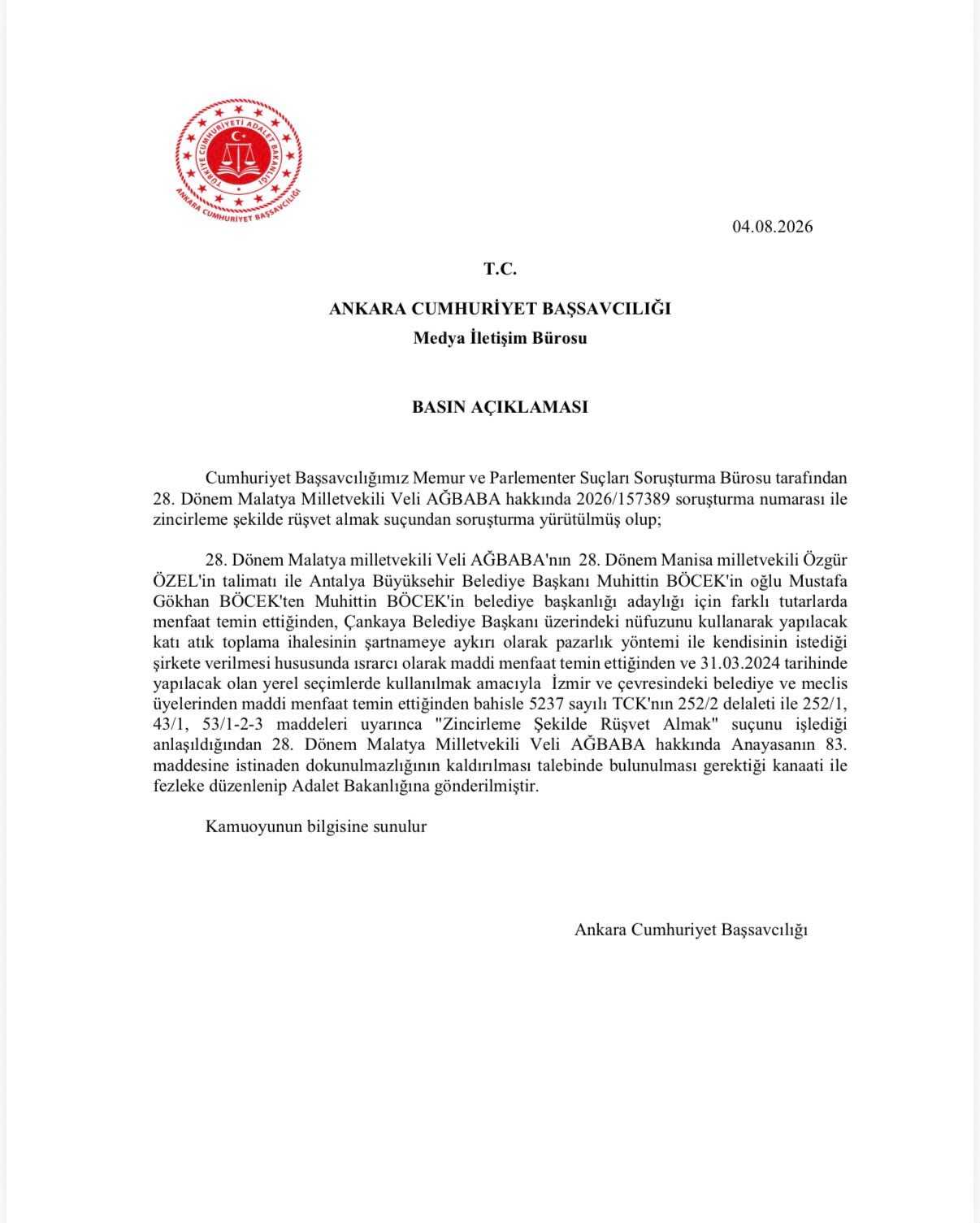 Özgür Özel’in dokunulmazlığının kaldırılması için hazırlanan fezleke Adalet Bakanlığına gönderildi