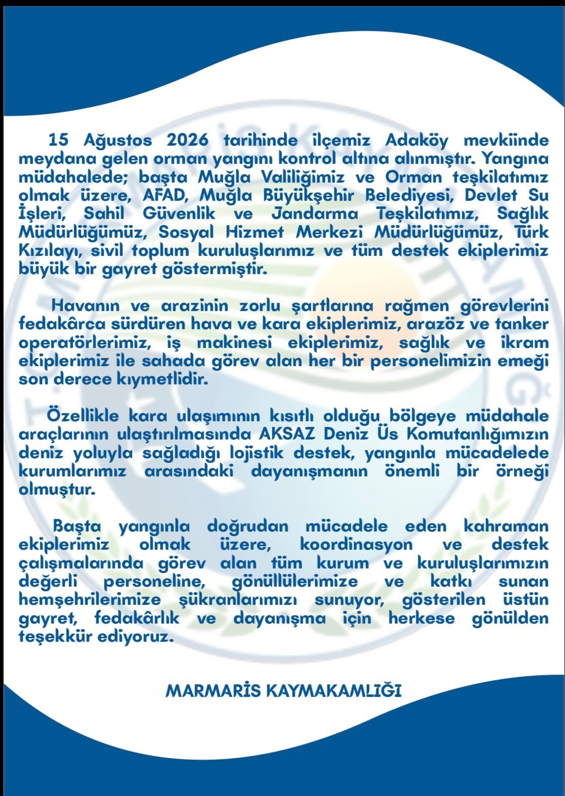 Marmaris Kaymakamlığı’ndan yangın ekiplerine teşekkür