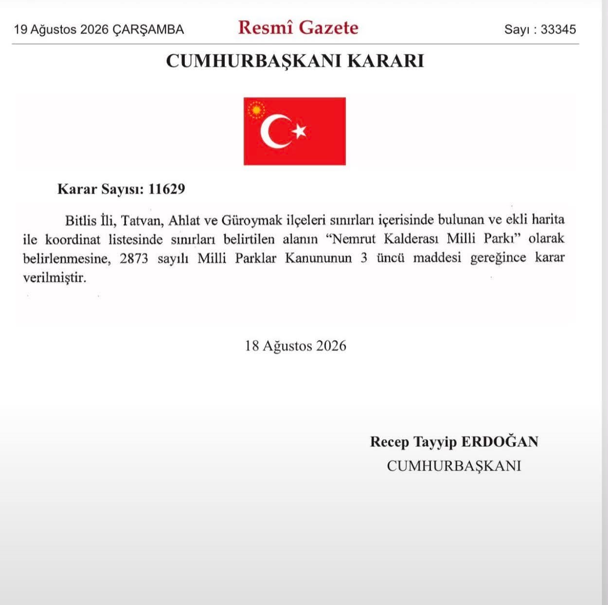 Bitlis&rsquo;teki &lsquo;Nemrut Kalderası&rsquo; Milli Park ilan edildi