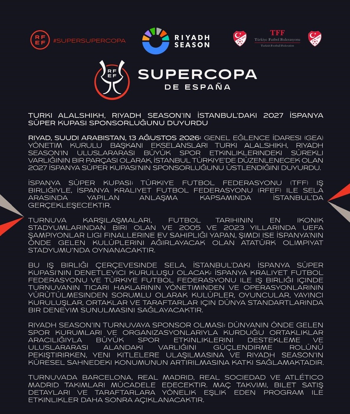 İstanbul’daki ‘2027 İspanya Süper Kupası’nın sponsoru Suudi Arabistan oldu