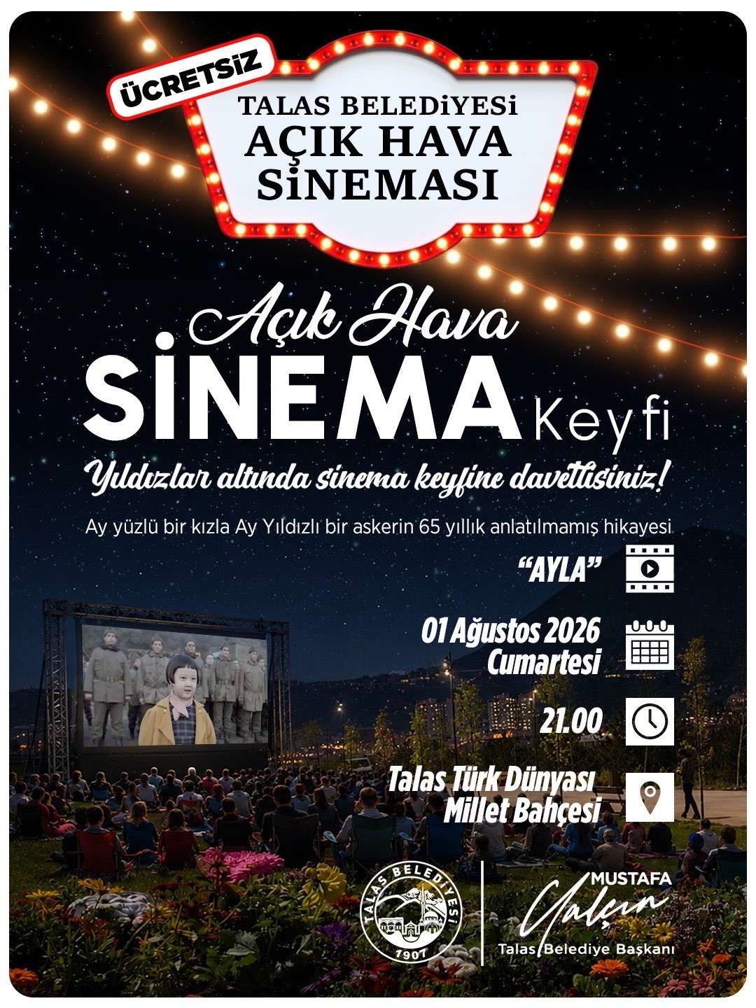 Talas’ta yıldızlar altında sinema keyfi devam ediyor