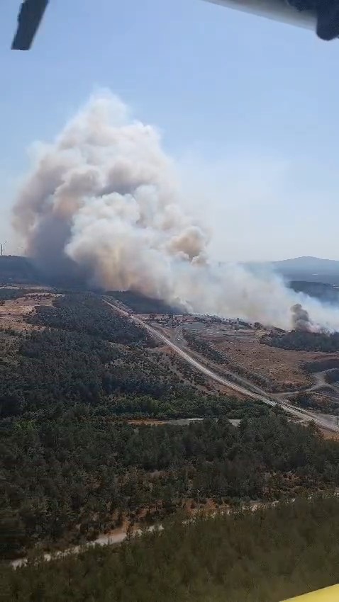 Bayramiç’te orman yangını helikopterden görüntülendi