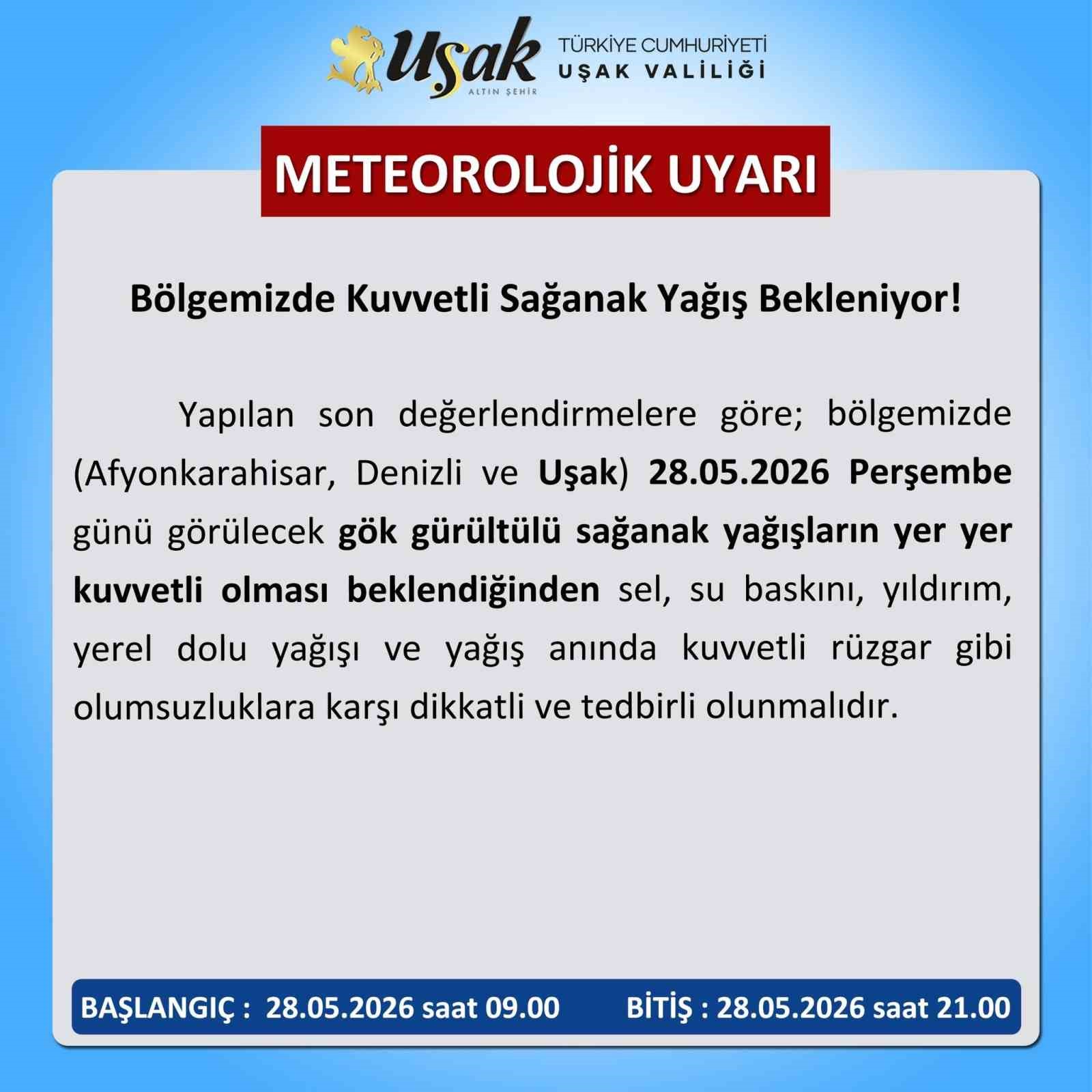 Uşak i&ccedil;in kuvvetli sağanak yağış uyarısı