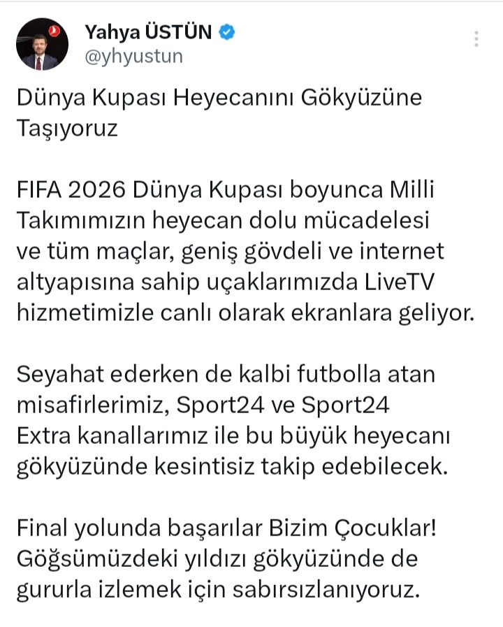 FIFA 2026 Dünya Kupası maçları THY uçaklarında canlı yayınlanacak