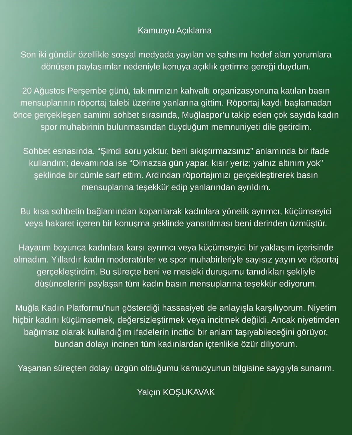 Yalçın Koşukavak kadın gazetecilere yönelik sözleri için özür diledi