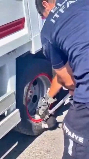 Teker arasına giren kedi ekipler tarafından çıkartıldı
