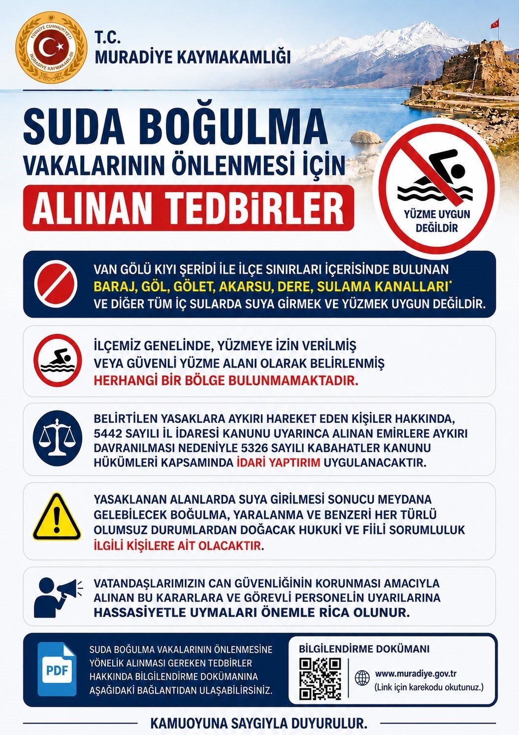 Van G&ouml;l&uuml;&rsquo;nde y&uuml;zmek yasaklandı