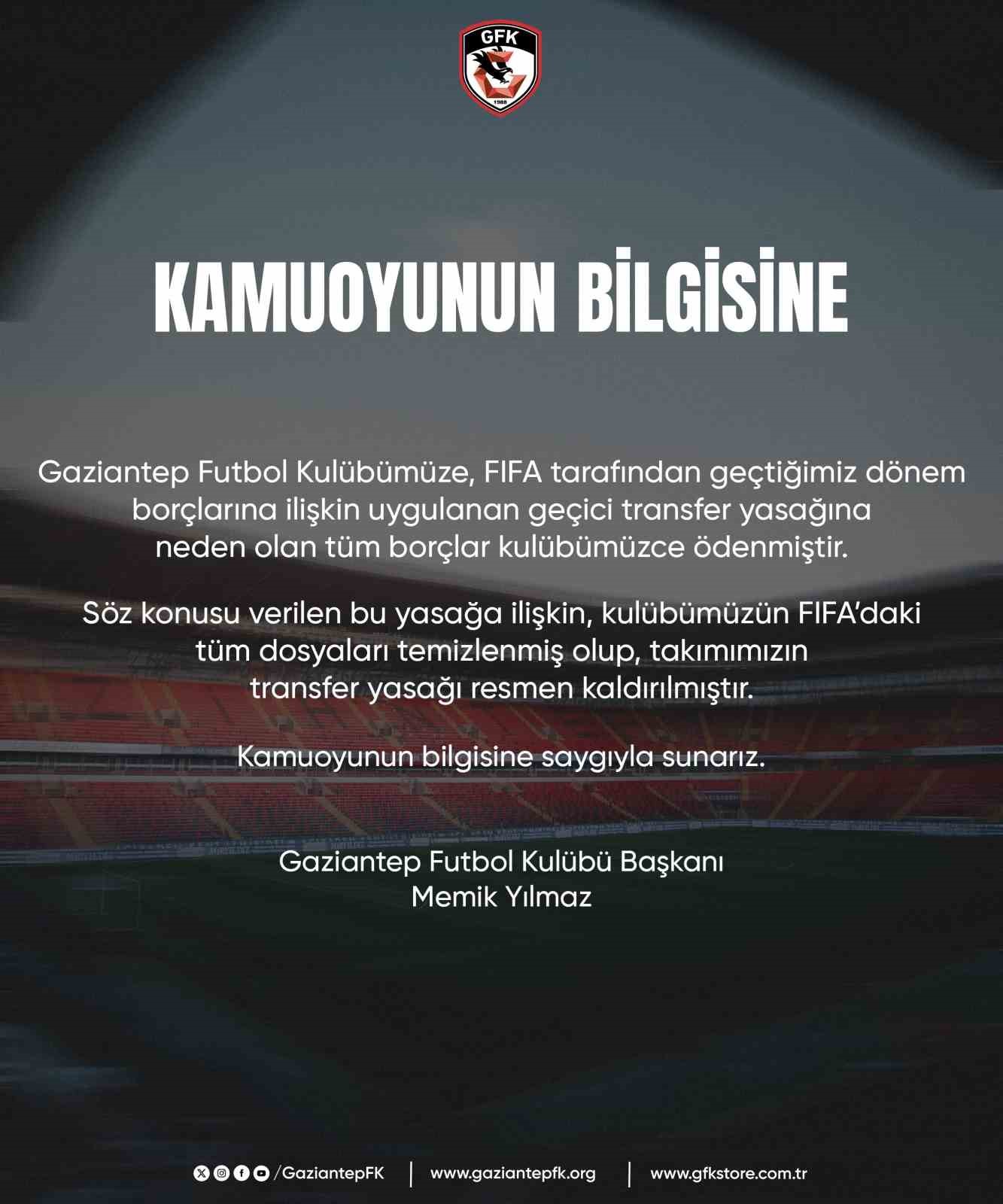 Gaziantep FK transfer yasağını kaldırdı