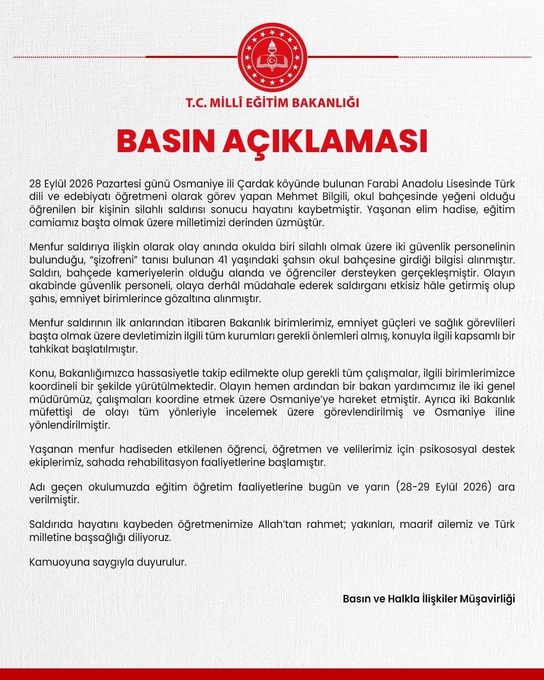 Öğretmenin hayatını kaybettiği okulda eğitime 2 gün ara