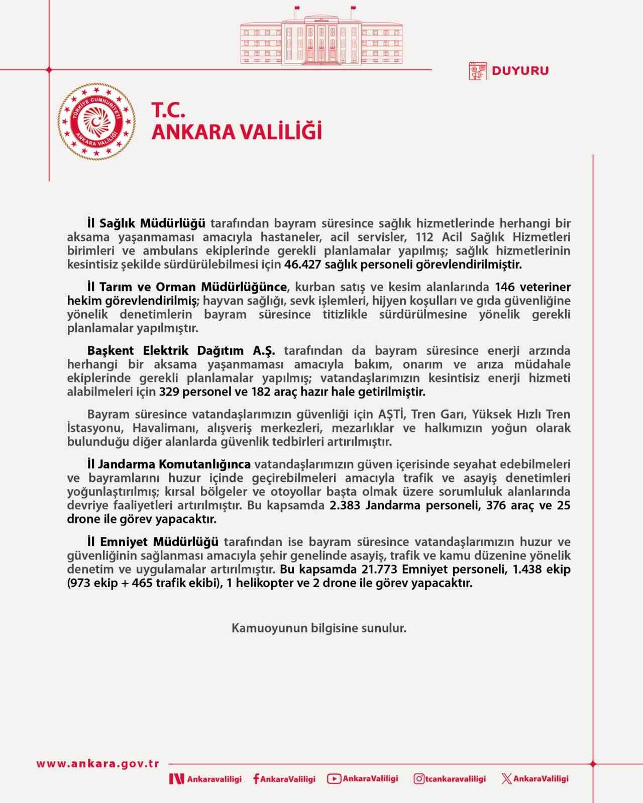 Ankara&rsquo;da bayramda 24 binin &uuml;zerinde emniyet ve jandarma personeli g&ouml;rev başında olacak