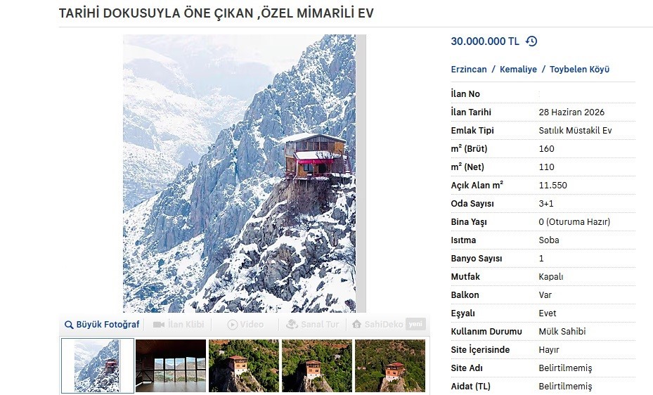 96 basamaklı kayalıkların üzerindeki ev 30 milyon liradan satışa sunuldu
