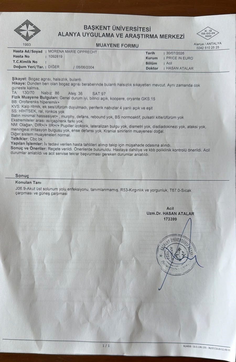 &Ouml;zel hastane acilinde &ouml;dedikleri bin 293 euroyu CİMER&rsquo;e taşıdılar